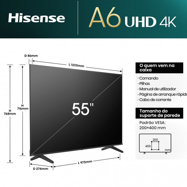 Tv HISENSE 55A6Q 55" 4K Ultra HD Dolby Vision AI 4K Upscaller