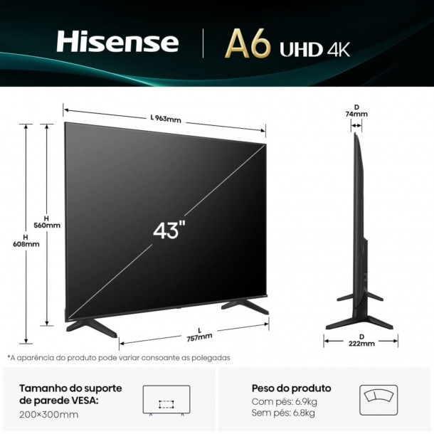 Tv HISENSE 43A6Q 43" 4K Ultra HD Dolby Vision AI 4K Upscaller