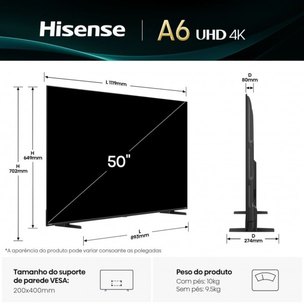 Tv HISENSE 50A6Q 50" 4K Ultra HD Dolby Vision AI 4K Upscaller