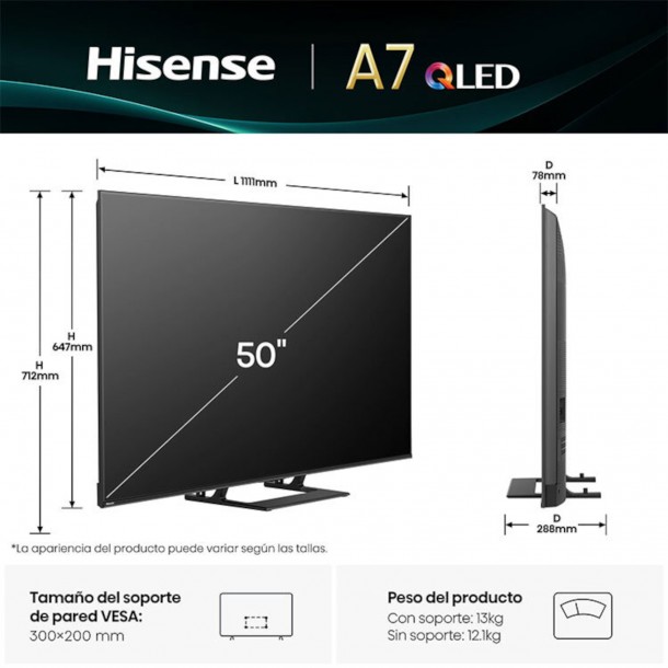 Qled Tv HISENSE 50A7Q 50" 4K Ultra HD Dolby Vision AI 4K Upscaller