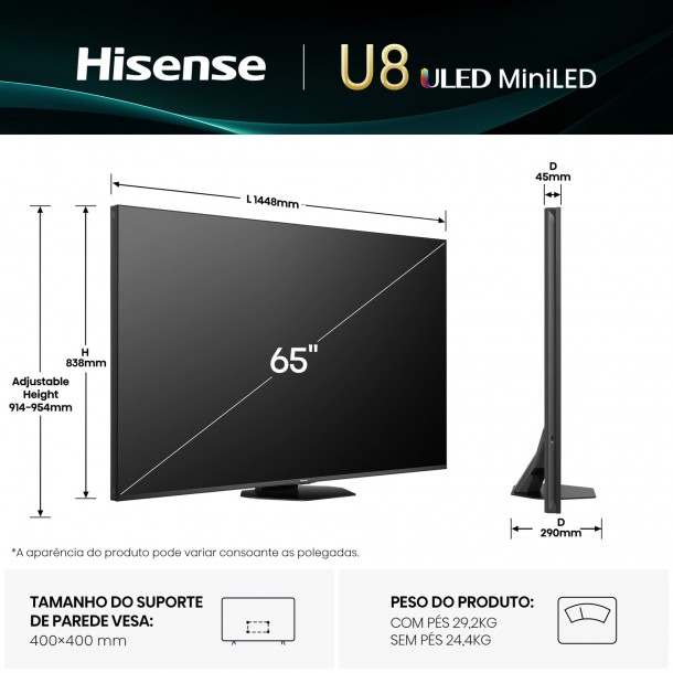 Tv Uled HISENSE 65U8Q 65" Mini-LED 4K Ultra HD